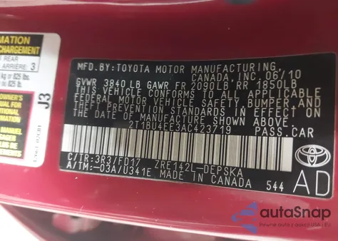 2010 Toyota Corolla S из США, поврежденный, VIN 2T1BU4EE3AC423719